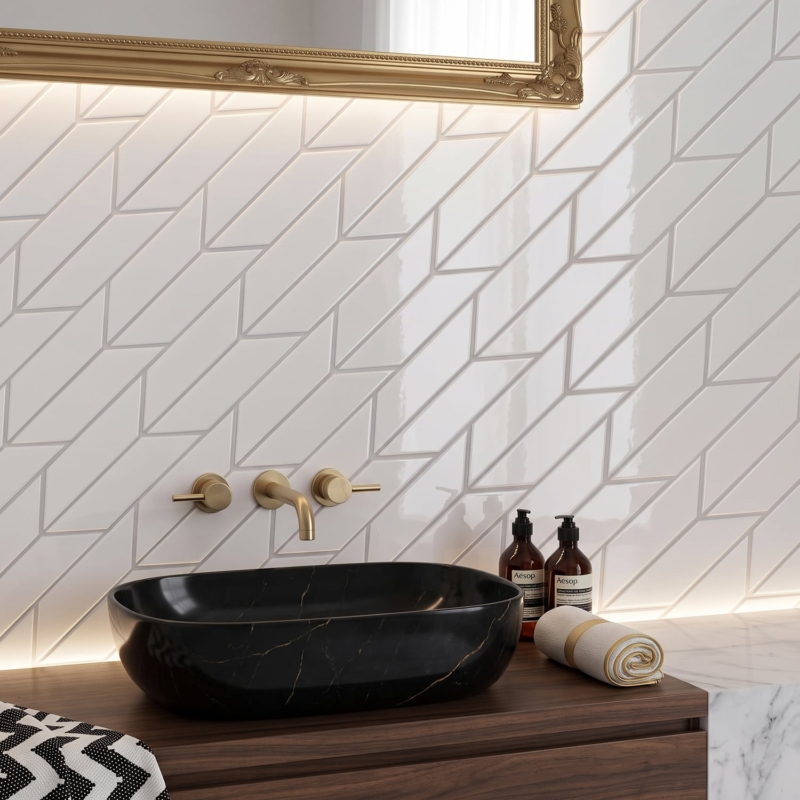 Royal White Glossy Chevron Ceramic Tile 2×6 (DC00271)