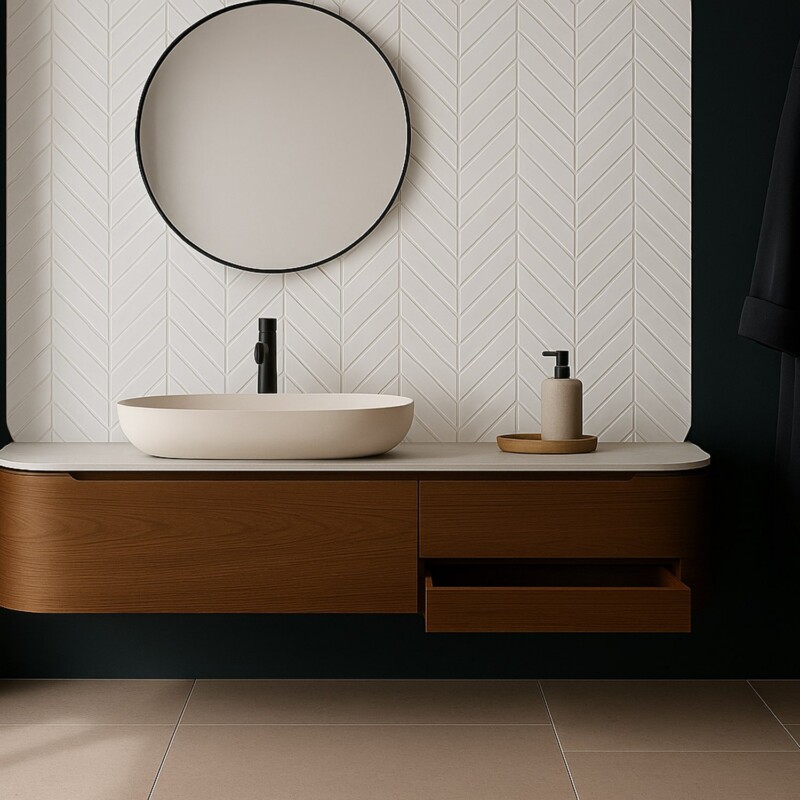 Contemporary bathroom backplash with chevron tiles creating elegant textured modern space by Country Floors