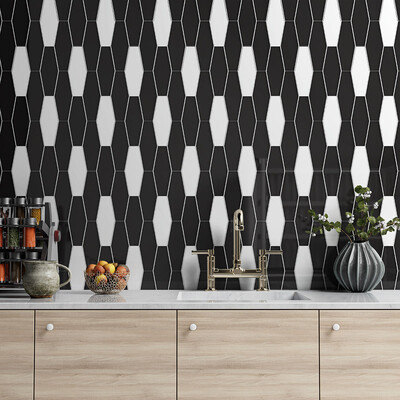 Black glossy hexagon ceramic feature wall tile in a contemporary kitchen by Country Floors