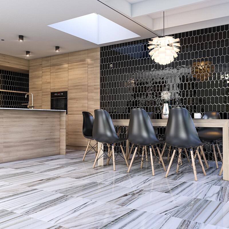 Black Glossy Picket Ceramic Tile 3×6 (DC00359) Skyline Honed Marble Tile 12×24 (TL14162)