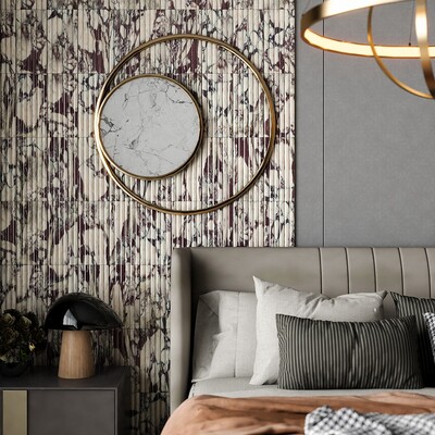 Bedroom accent wall with marble mosaic tiles and modern luxury interior design by Country Floors