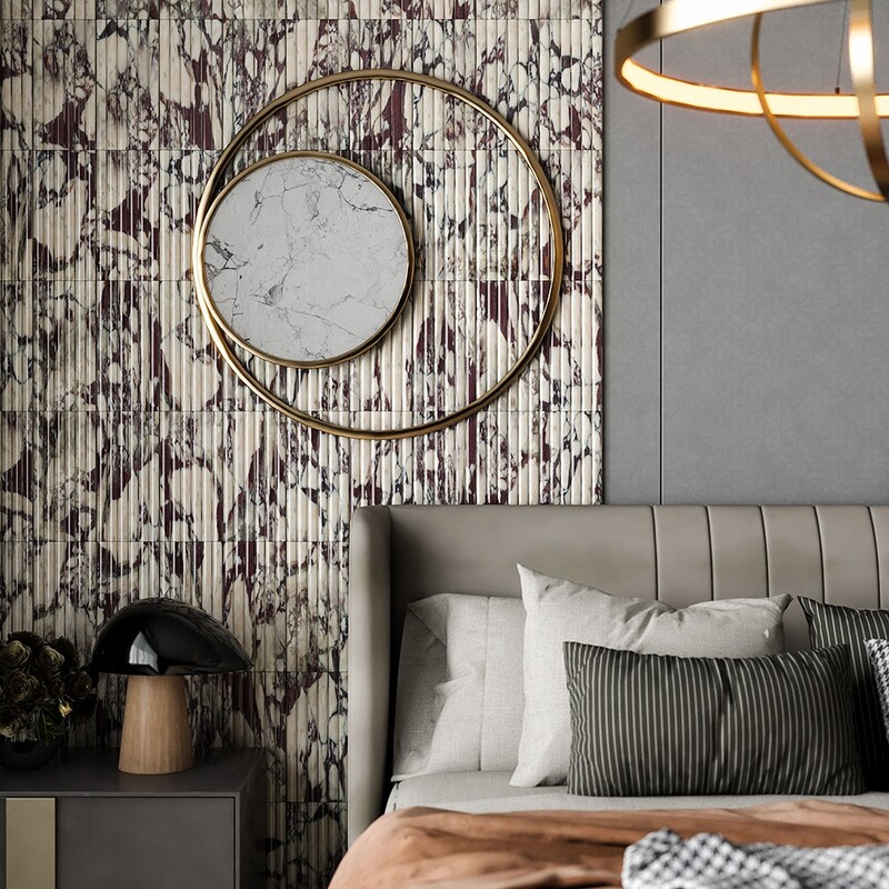 Bedroom accent wall with marble mosaic tiles and modern luxury interior design by Country Floors