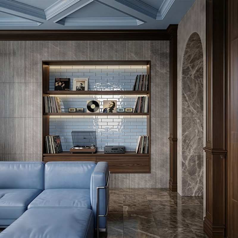 Maroon Di Notte Leather Ethan Marble Tiles 6×24 (ML01107), Brooklyn Glossy Thin Brick Tiles 2 1/4×7 7/8 (TL80563)