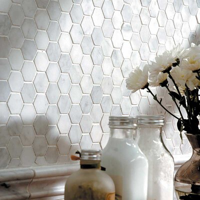 Avenza Honed Hexagon Marble Mosaic 10 3/8×12 (MS00482) Avenza Honed Andorra Marble Moldings 2×12 (ML00416) Avenza Honed Marble Thresholds 4×36 (SP00878)