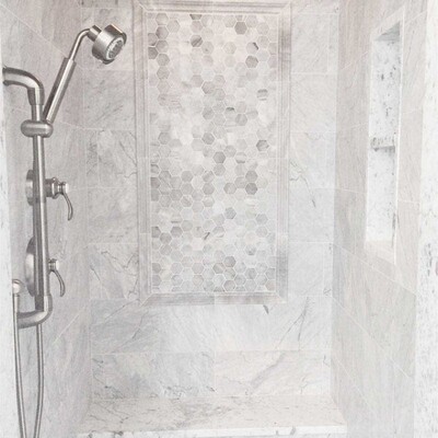 Avenza Honed Hexagon Marble Mosaic 10 3/8×12 (MS00482) Avenza Honed Andorra Marble Moldings 2×12 (ML00416) Avenza Honed Marble Tile 18×18 (TL12794)