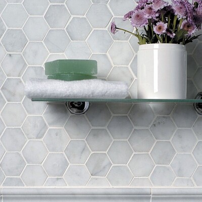Glacier Honed Hexagon Marble Mosaic 10 3/8×12 (MS00677) Glacier Honed Marble Tile 2 3/4×5 1/2 (TL13302) Glacier Honed Andorra Marble Moldings 2×12 (ML00505)