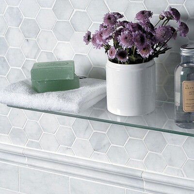 Glacier Honed Hexagon Marble Mosaic 10 3/8×12 (MS00677) Glacier Honed Marble Tile 2 3/4×5 1/2 (TL13302) Glacier Honed Andorra Marble Moldings 2×12 (ML00505)
