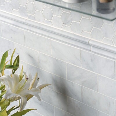 Glacier Honed Hexagon Marble Mosaic 10 3/8×12 (MS00677) Glacier Honed Marble Tile 2 3/4×5 1/2 (TL13302) Glacier Honed Andorra Marble Moldings 2×12 (ML00505)