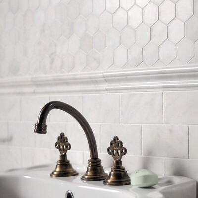 Glacier Honed Hexagon Marble Mosaic 10 3/8×12 (MS00677) Glacier Honed Marble Tile 2 3/4×5 1/2 (TL13302) Glacier Honed Andorra Marble Moldings 2×12 (ML00505)