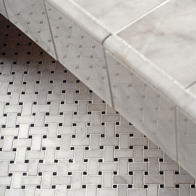Avalon Polished Basket Weave Marble Mosaic 12×12 (MS00683) Glacier Honed Pencil Liner Marble Moldings 1/2×12 (ML00506) Avalon Polished Pencil Liner Marble Moldings 1/2×12 (ML00510) Avalon Polished Marble Tile 5 1/2×5 1/2 (TL13314) Avalon Polished Marble Tile 2 3/4×5 1/2 (TL13313) Avalon Polished 1×1 Marble Mosaic 12×12 (MS00697)