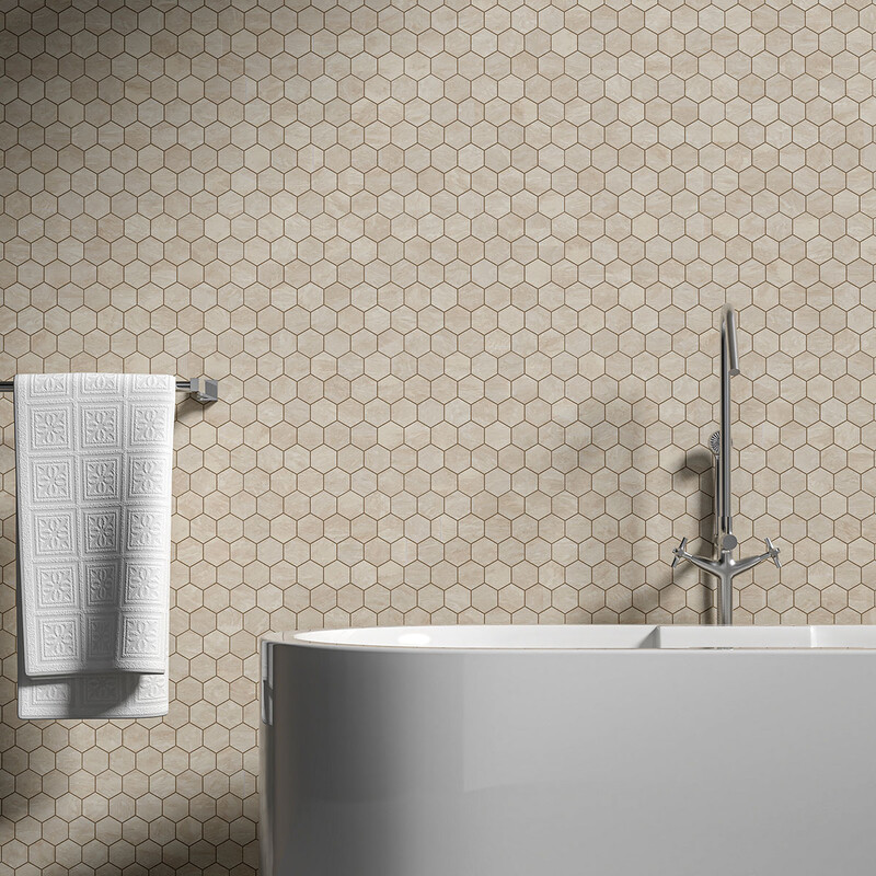 Bathroom wall with ivory hexagon travertine mosaic and modern clean design by Country Floors