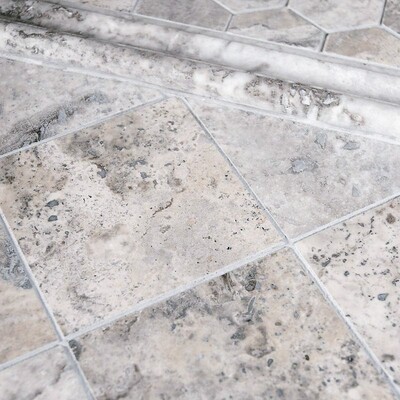 Silverado Honed Filled Hexagon Travertine Mosaic 10 3/8×12 (MS00734) Silverado Honed Filled Andorra Travertine Moldings 2×12 (ML00535) Silverado Honed Filled Travertine Tile 12×12 (TL13098)