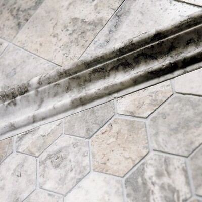 Silverado Honed Filled Hexagon Travertine Mosaic 10 3/8×12 (MS00734) Silverado Honed Filled Andorra Travertine Moldings 2×12 (ML00535) Silverado Honed Filled Travertine Tile 12×12 (TL13098)