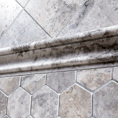 Silverado Honed Filled Hexagon Travertine Mosaic 10 3/8×12 (MS00734) Silverado Honed Filled Travertine Tile 12×12 (TL13098) Silverado Honed Filled Andorra Travertine Moldings 2×12 (ML00535)