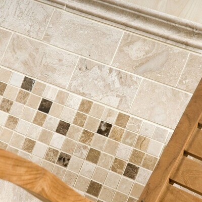 Milano Dark Blend Polished 2×2 Marble Mosaic 12×12 (MS00835) Diana Royal Polished Marble Tile 2 3/4×5 1/2 (TL13961) Diana Royal Polished Andorra Marble Moldings 2×12 (ML00559)