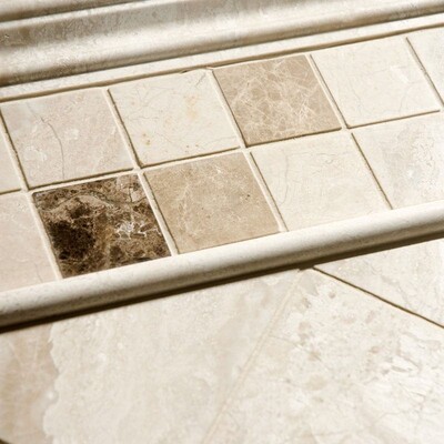 Milano Dark Blend Polished 2×2 Marble Mosaic 12×12 (MS00835) Diana Royal Polished Marble Tile 12×12 (TL13963) Diana Royal Polished Andorra Marble Moldings 2×12 (ML00559)