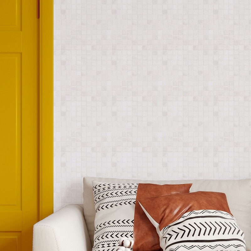 Snow white 1x1 marble mosaic wall in modern room accent wall design by Country Floors