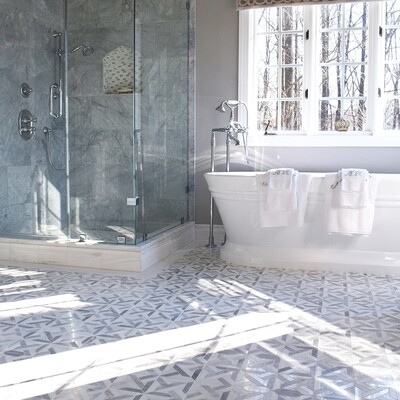 Snow White&avenza Honed&polished 5/8×1 1/4 Marble Mosaic 12×12 (MS01243) Avenza Honed Marble Tile 12×24 (TL16748) Marmara Avenza Light, Dolomite Multi Finish Marble Waterjet Decos 9 11/16×9 11/16 (YNR10031) Snow White Honed Base Marble Moldings 5 1/16×12 (ML00834)