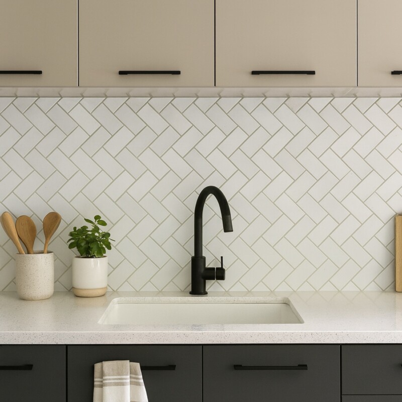 Aspen White honed herringbone marble mosaic kitchen backsplash in a modern white interior by Country Floors