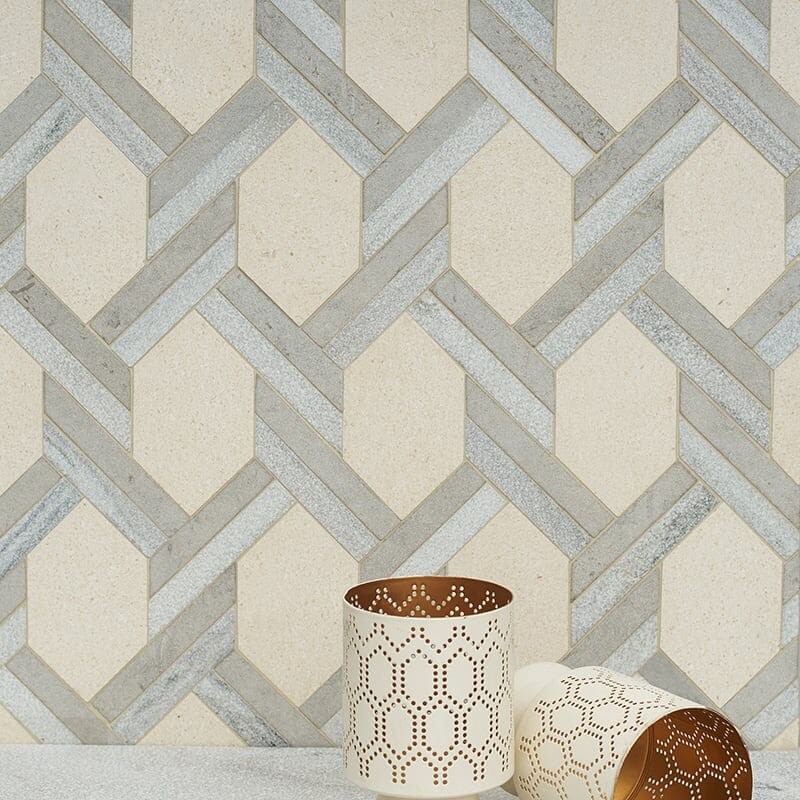 Champagne, Skyline, Britannia Multi Finish Braided Hexagon Marble Mosaic 9 11/16×16 7/16 (MS01490)