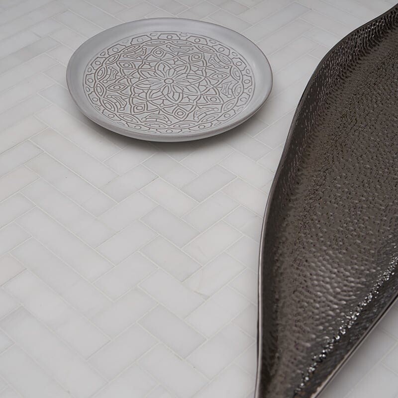 Snow White Polished Mixed Herringbone Marble Mosaic 16 5/6×12 1/16 (MS01532)