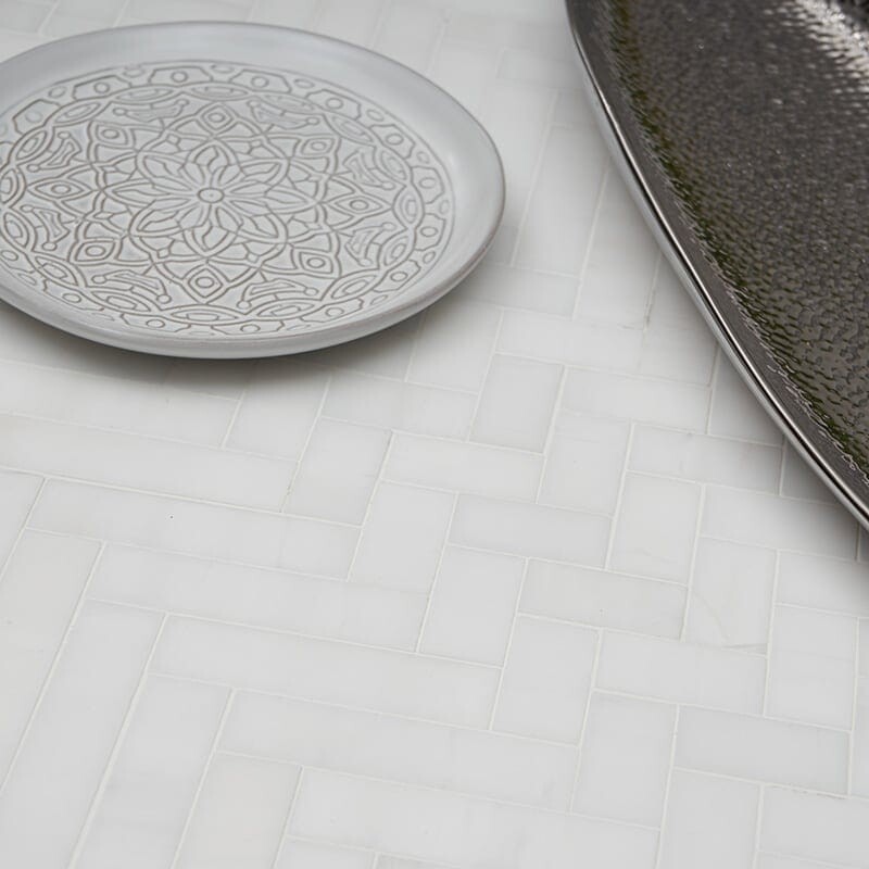 Snow White Polished Mixed Herringbone Marble Mosaic 16 5/6×12 1/16 (MS01532)