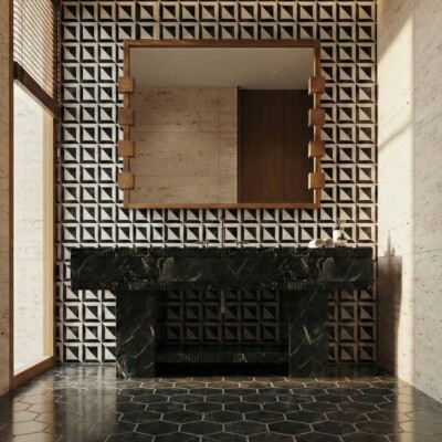 Black, Glacier Honed York Marble Mosaics 11 15/16×11 15/16 (MS01550) Iris Black Honed Hexagon Marble Mosaics 10 3/8×12 (MS02002)