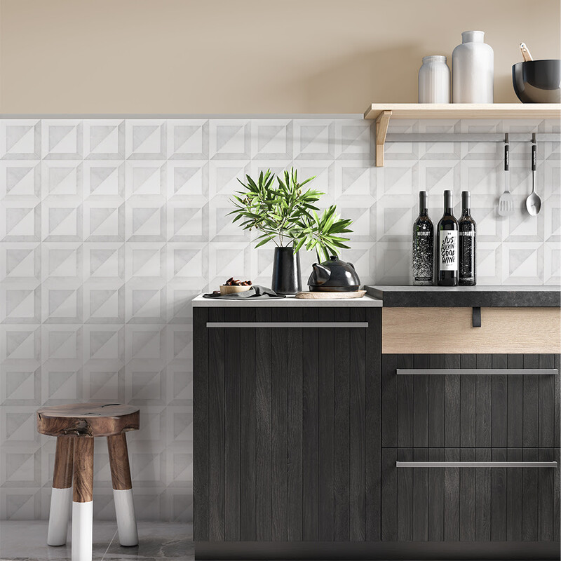 Snow White, Avalon Multi Finish York Marble Mosaic 11 15/16×11 15/16 (MS01551) Avalon Polished Pencil Liner Marble Moldings 11/16×12 (ML00710)
