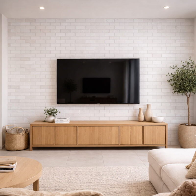 Clean white ceramic tile for modern TV wall design by Country Floors