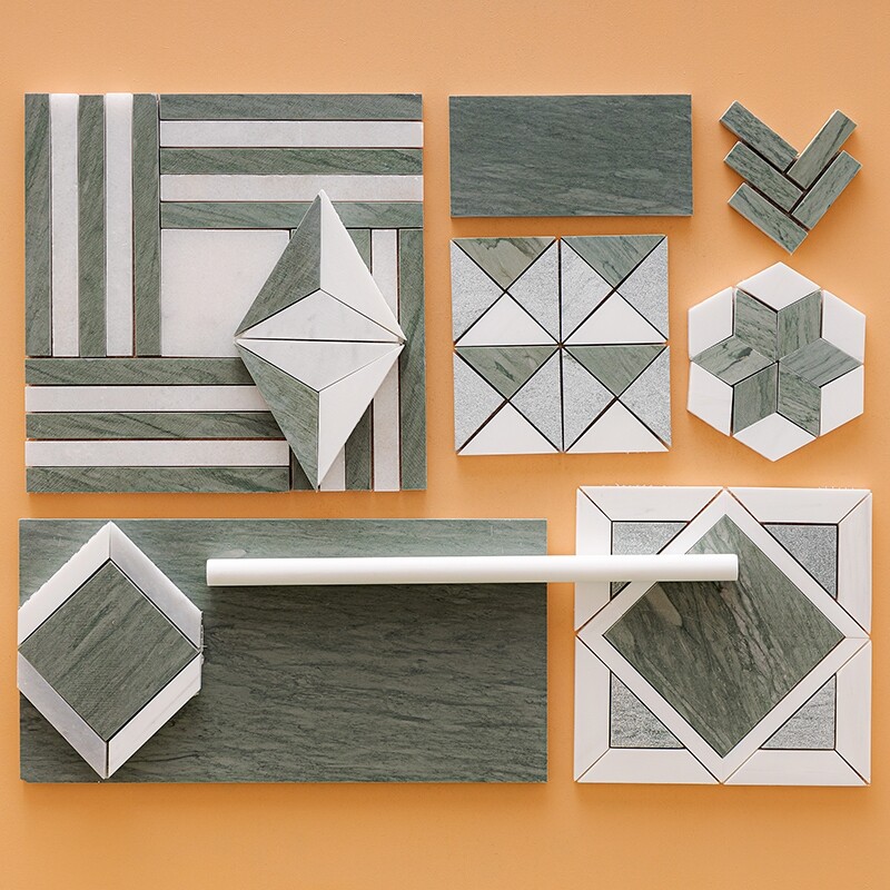 Verde Capri, Snow White Multi Finish Stars Marble Mosaic 14 3/16×14 15/16 (MS01784) Verde Capri, Snow White, Avenza Honed Diamond 3d Marble Mosaic 15 3/8×13 3/4 (MS01787)