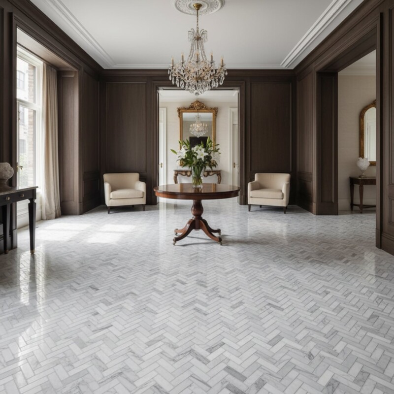 Frost White honed herringbone marble mosaic flooring in an elegant white living space by Country Floors