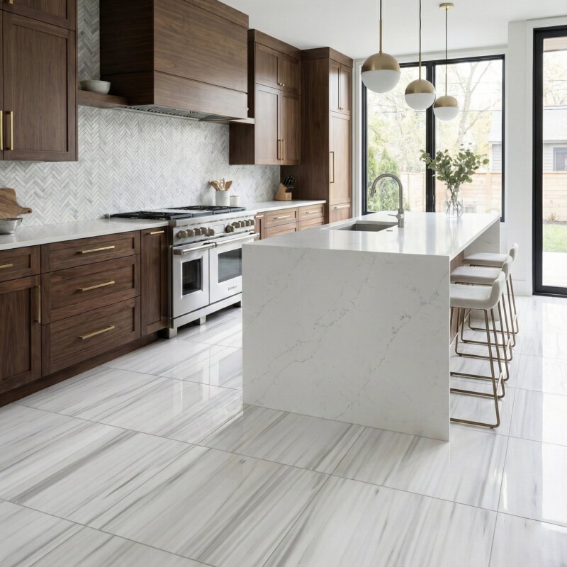 Frost White honed marble mosaic backsplash in a luxury kitchen by Country Floors