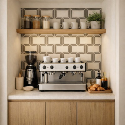 Coffee station backsplash with geometric marble mosaic and wooden shelf styling by Country Floors