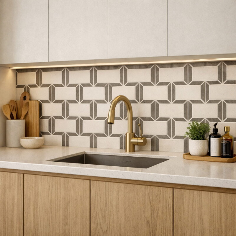 Modern kitchen backsplash with beige geometric marble mosaic and light wood cabinets by Country Floors