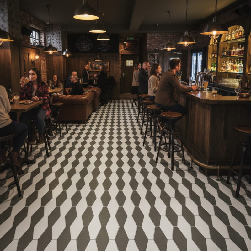 Restaurant flooring with Champagne, Bosphorus Honed Rhomboid Blend Limestone Mosaics creating dynamic interior space by Country Floors