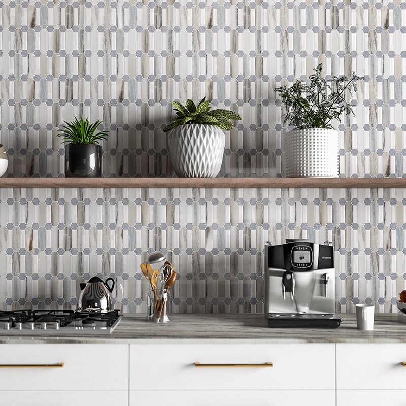 Skyline, Snow White, Allure Multi Finish Pillar Marble Mosaic 13×13 (MS01768)