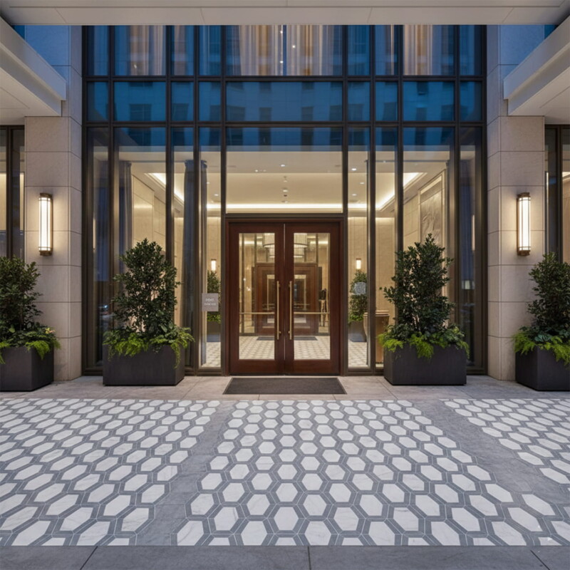 Patterned tile for luxury hotel entrance flooring by Country Floors