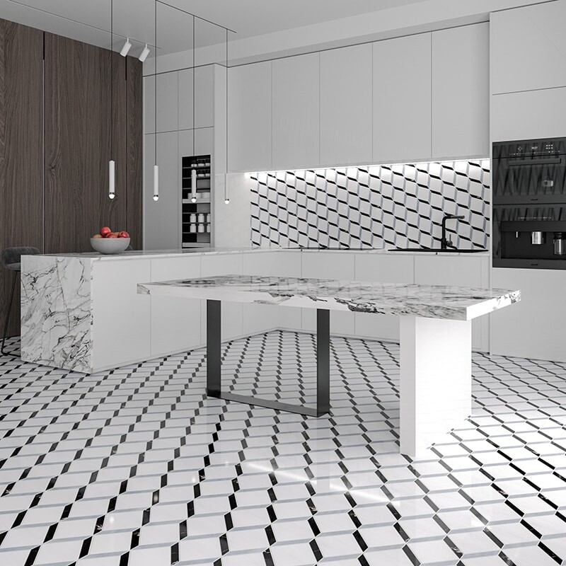 Snow White, Allure Multi Finish Steps 3d Marble Mosaic 14 9/16×14 15/16 (MS01779)