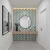 Green accent tile for modern vanity backsplash design by Country Floors