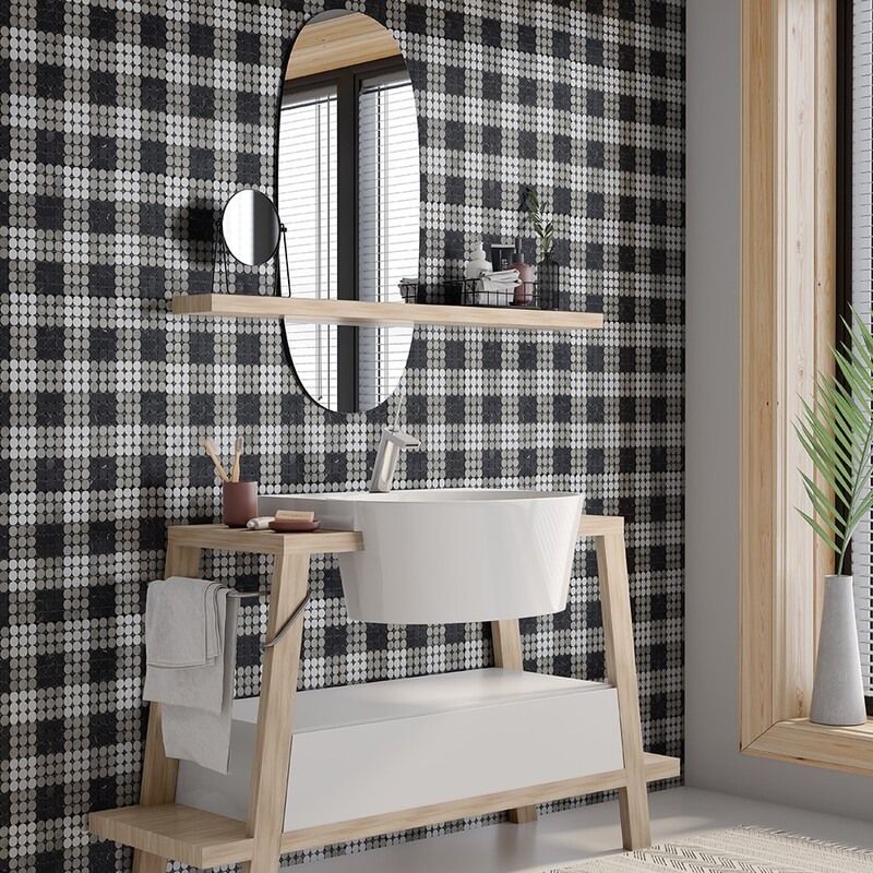 Black, Britannia, Snow White Honed Penny Round Plaid 1 Marble Mosaic 9 27/32×9 27/32 (MS01923)