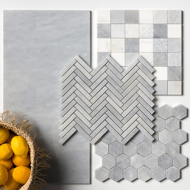 Allure Light Honed Herringbone 5/8×3 Marble Mosaic 10 7/16×12 13/16 (MS02038) Allure Light Honed Marble Tile 12×24 (TL20019) Allure Light Honed Hexagon Marble Mosaic 10 3/8×12 (MS02039) Avenza, Snow White, Allure Textured 2×2 Marble Mosaic 12×12 (MS01298)