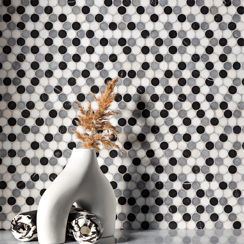 Black, Snow White, Allure Honed Penny Round Marble Mosaic 11 1/4×11 3/4 (MS02166)