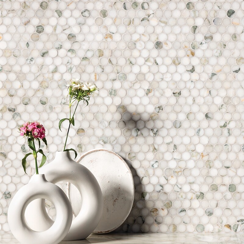 Calacatta Green Honed Penny Round Marble Mosaic 11 1/4×11 3/4 (MS02168)