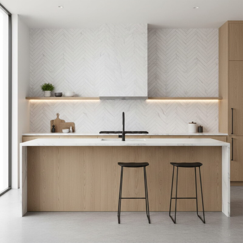 Minimal kitchen backsplash with white textured mosaic and modern island design by Country Floors