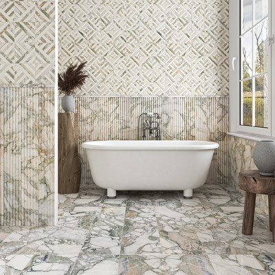 Calacatta Green Honed Ponte Marble Mosaic 14 5/16×14 5/16 (MS02232) Calacatta Green Honed Flute Trim Marble Tile 6×24 (ML00980) Calacatta Green Honed Marble Tile 12×24 (TL20300)