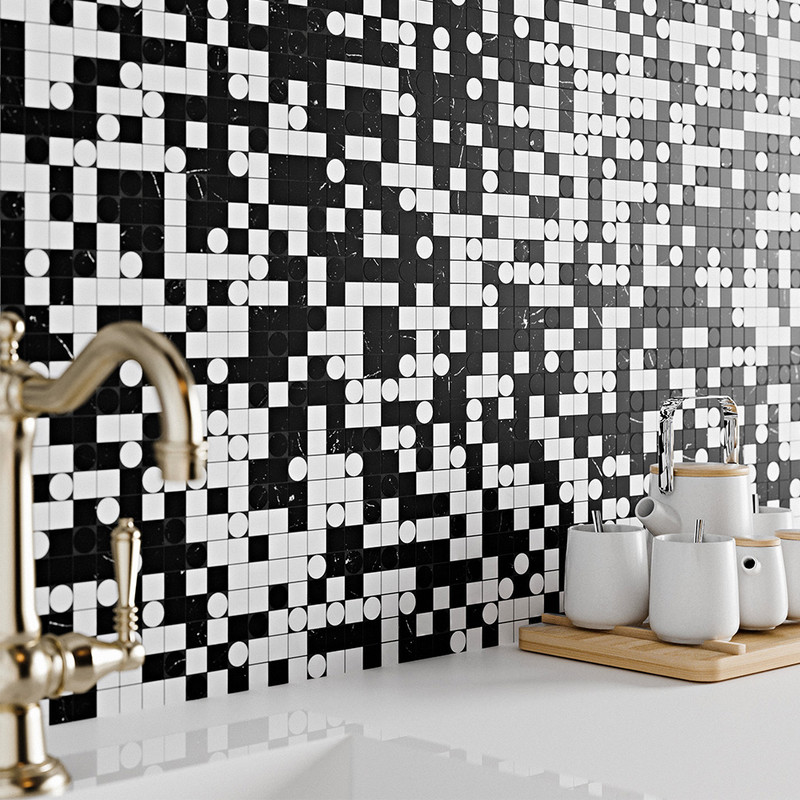 Black, Snow White Honed Othello Marble Mosaic 12×12 (MS02258)