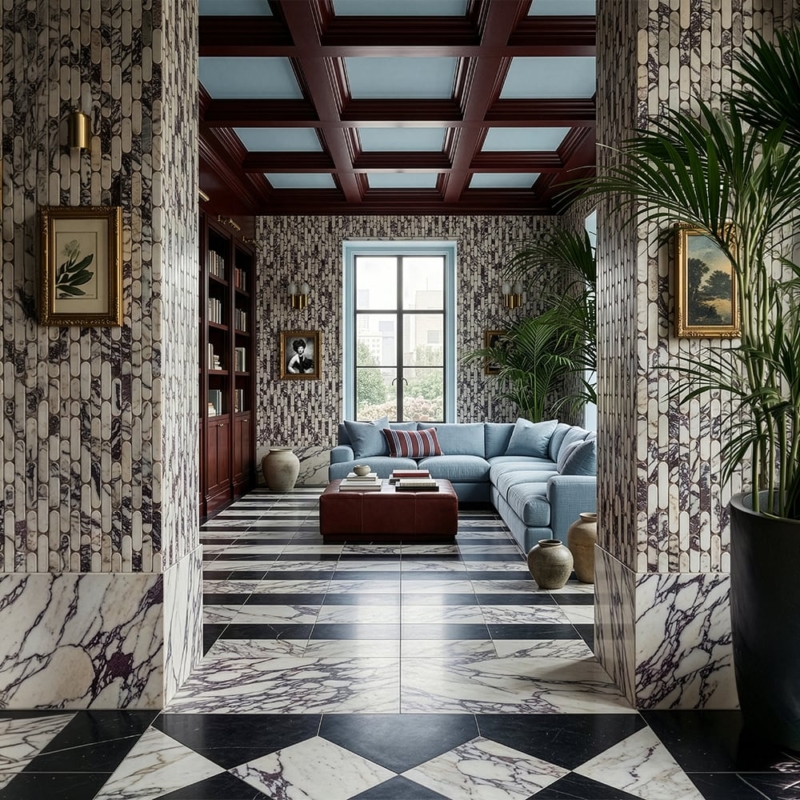 Calacatta Viola Honed Pill Marble Mosaics 12×12 (MS02558), Calacatta Viola Honed Marble Tiles 12×24 (TL20067), Black Honed Marble Tiles 12×12 (TL90216)