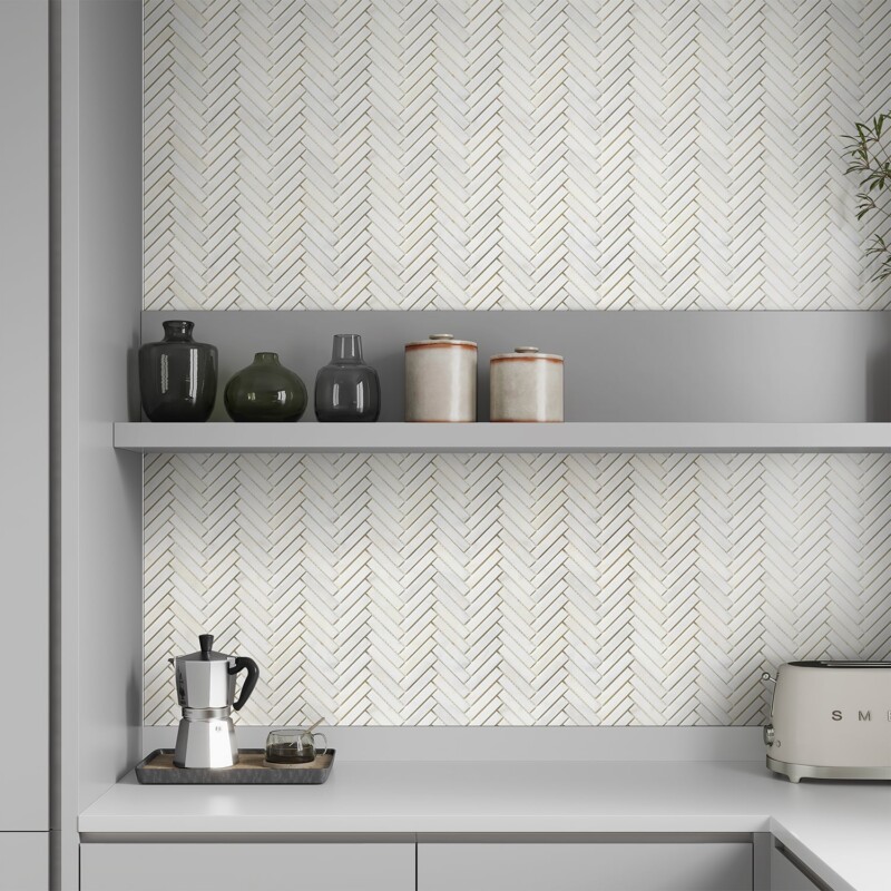 White Pearl Honed Herringbone 5/8×3 Marble Mosaic 10 7/16×12 13/16 (MS02581)