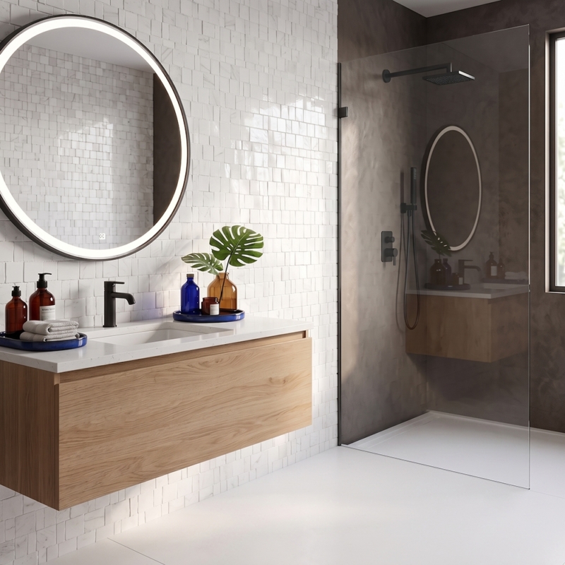 Bianco Dolomiti Honed Scarpa Rough Cut Marble Mosaic installed as a bathroom backsplash, demonstrating how the white honed marble's textured, hand-clipped pattern reads behind a vanity area.
