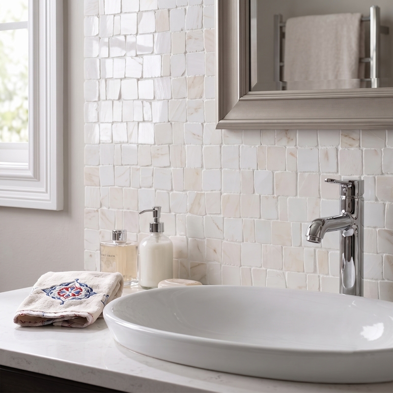 Calacatta Amber Honed Scarpa Rough Cut Marble Mosaic installed as a bathroom backsplash, showing the white marble's staggered pattern and amber-gold veining framed behind a sink area